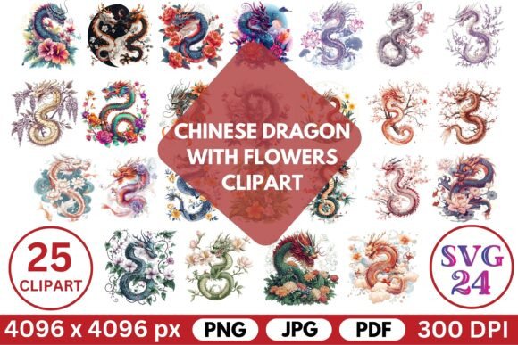Download Chinese Dragon with Flowers Clipart - Chinese Collection