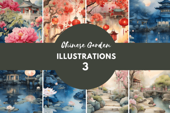 Download Watercolor Chinese Garden Illustration - Premium Bundle